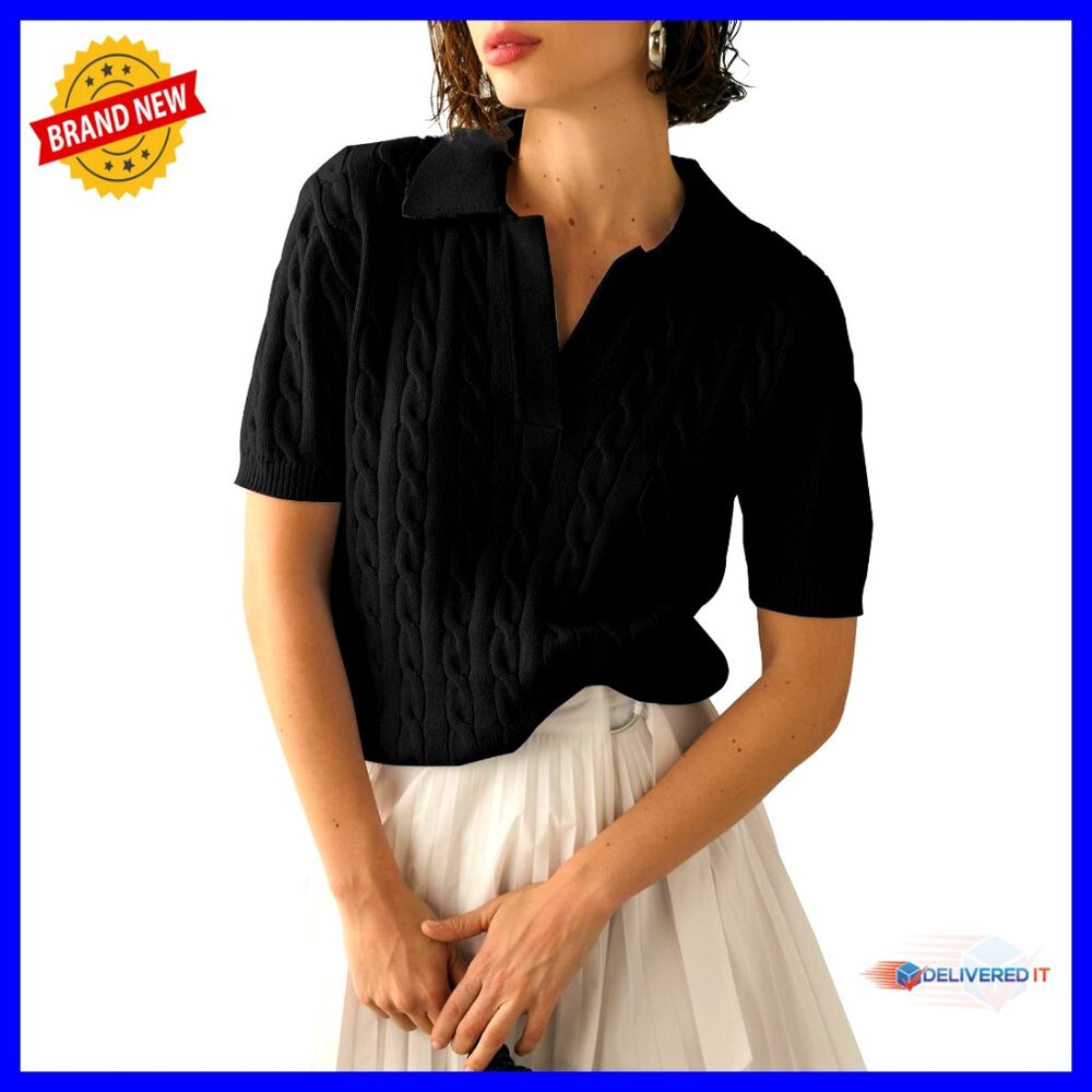 Short Sleeve Cable Knit Sweater V Neck Lapel Retro Casual Soft Pullover Top